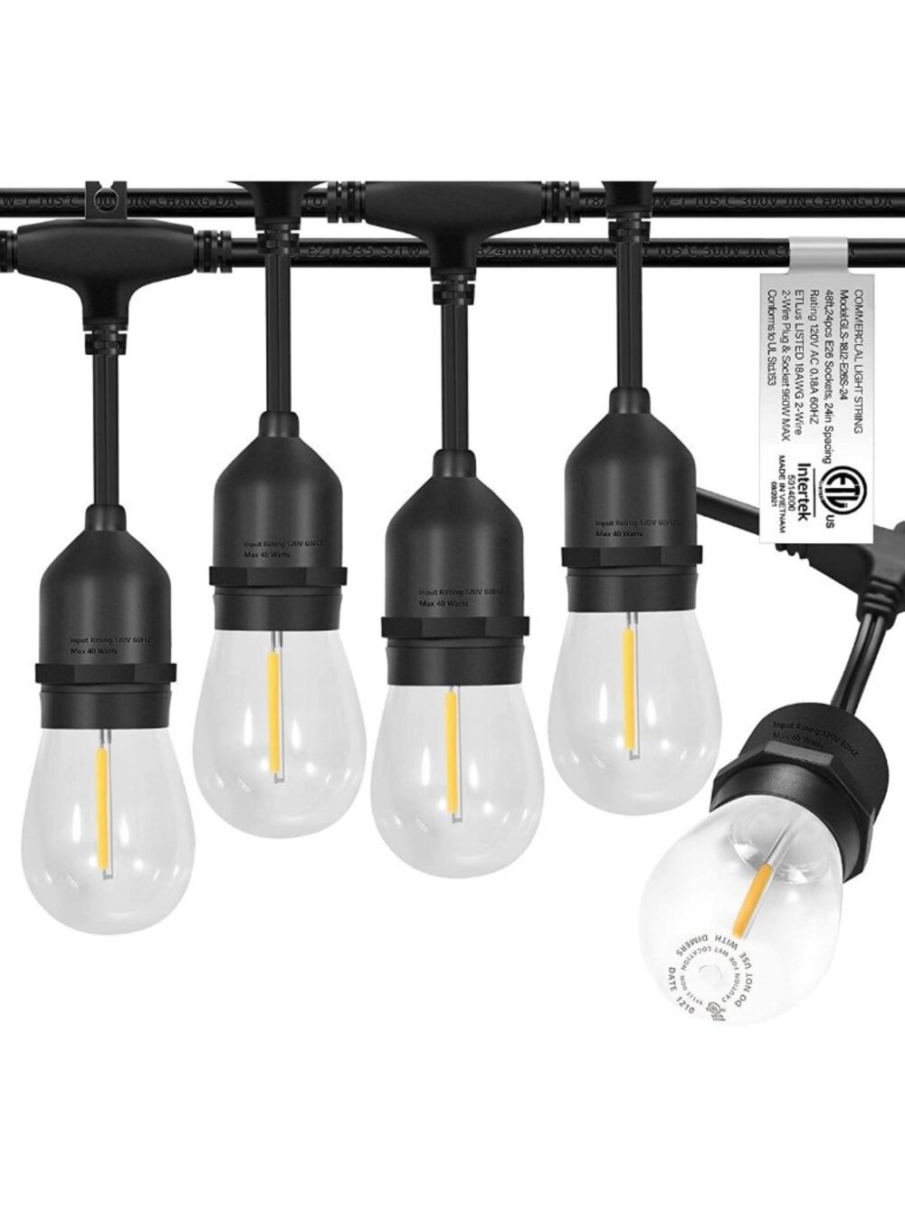 48FT LED Outdoor String Lights, Weatherproof Edison Bulbs, Commercial Grade